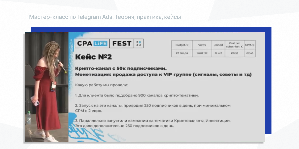 Мария Дорвей CPA LiFE FEST 2022. Мастер-класс по Telegram ads кейс№2