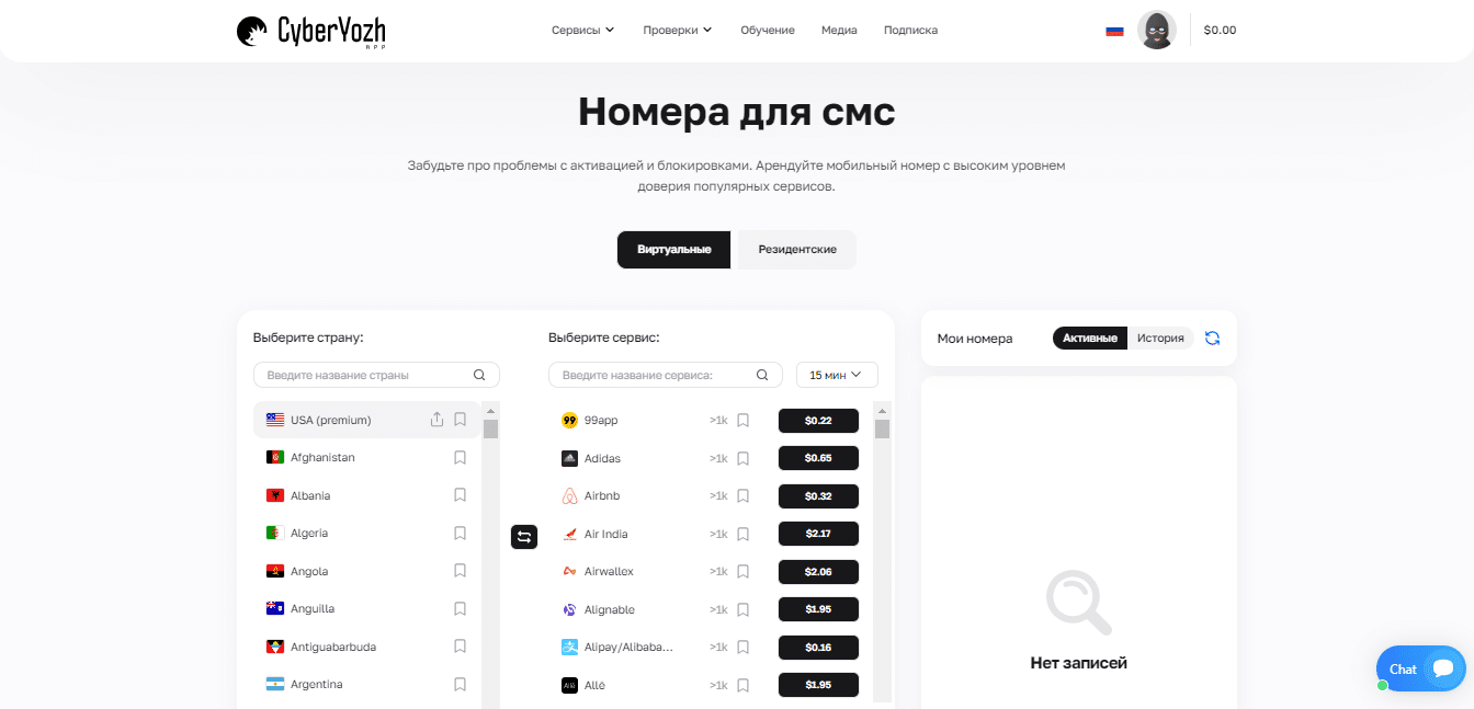 Виртуальные номера в CyberYozh app