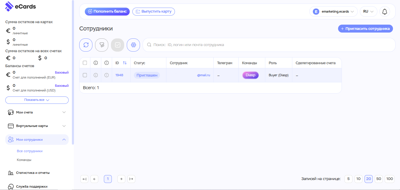 Раздел сотрудники для командных проектов