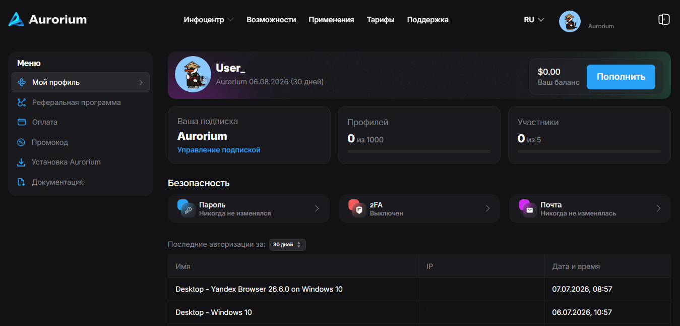 Меню антидетект браузера Aurorium